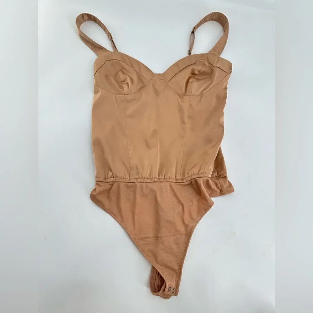 Abercrombie & Fitch Tan Brown Satin Pullover Elastic Bodysuit Size XS Bustier